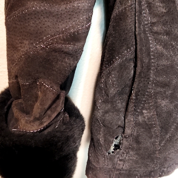 Leather Works Vintage Genuine Leather Patchwork Faux Fur Trim  Brown Size Small - Picture 11 of 12